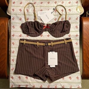 With Jean Brown Pinstripe Bikini Set Size M - Jeanie Top and Blake Swim Shorts
